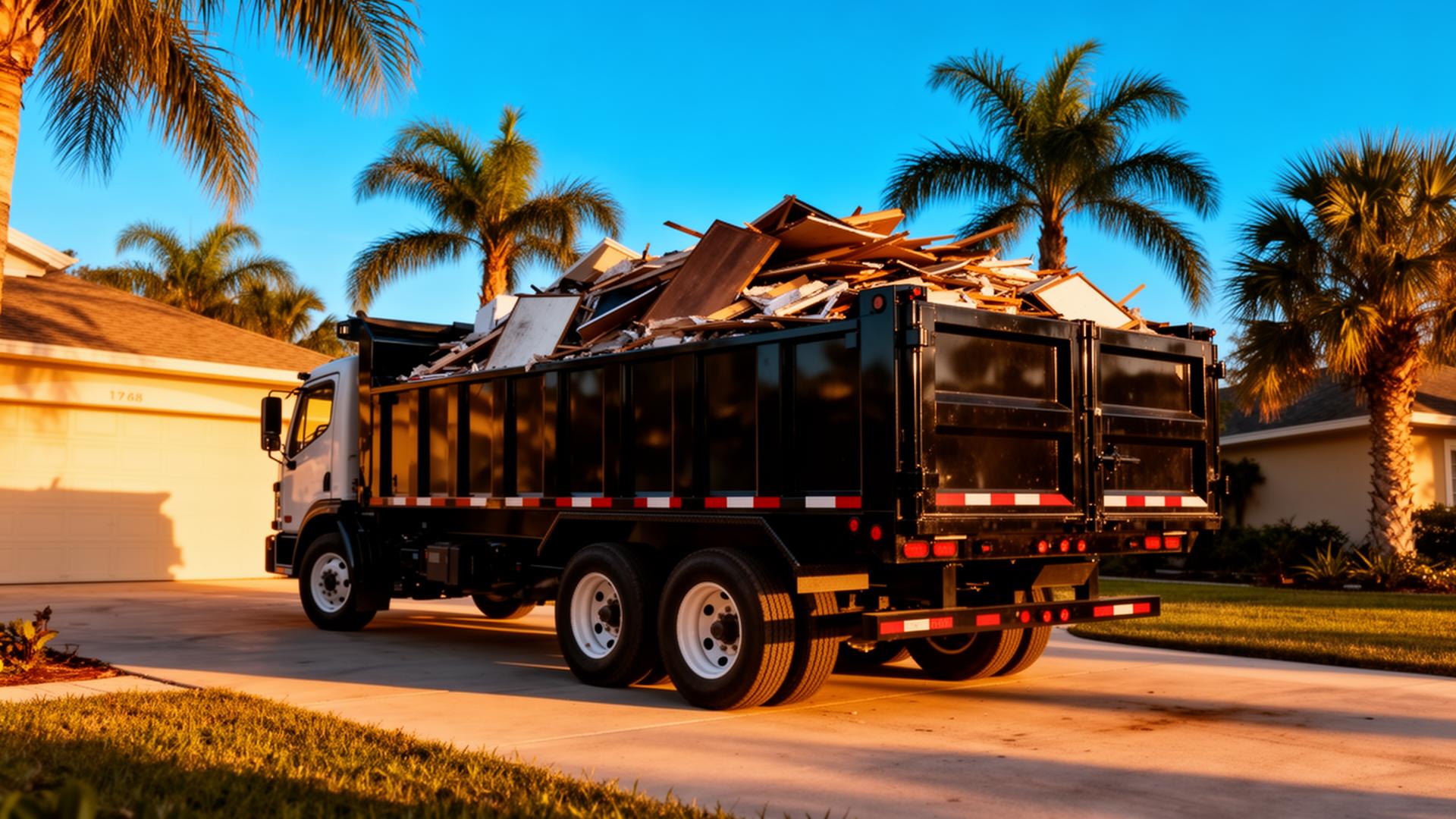 Black dump trailer loaded with junk in Southwest Florida
